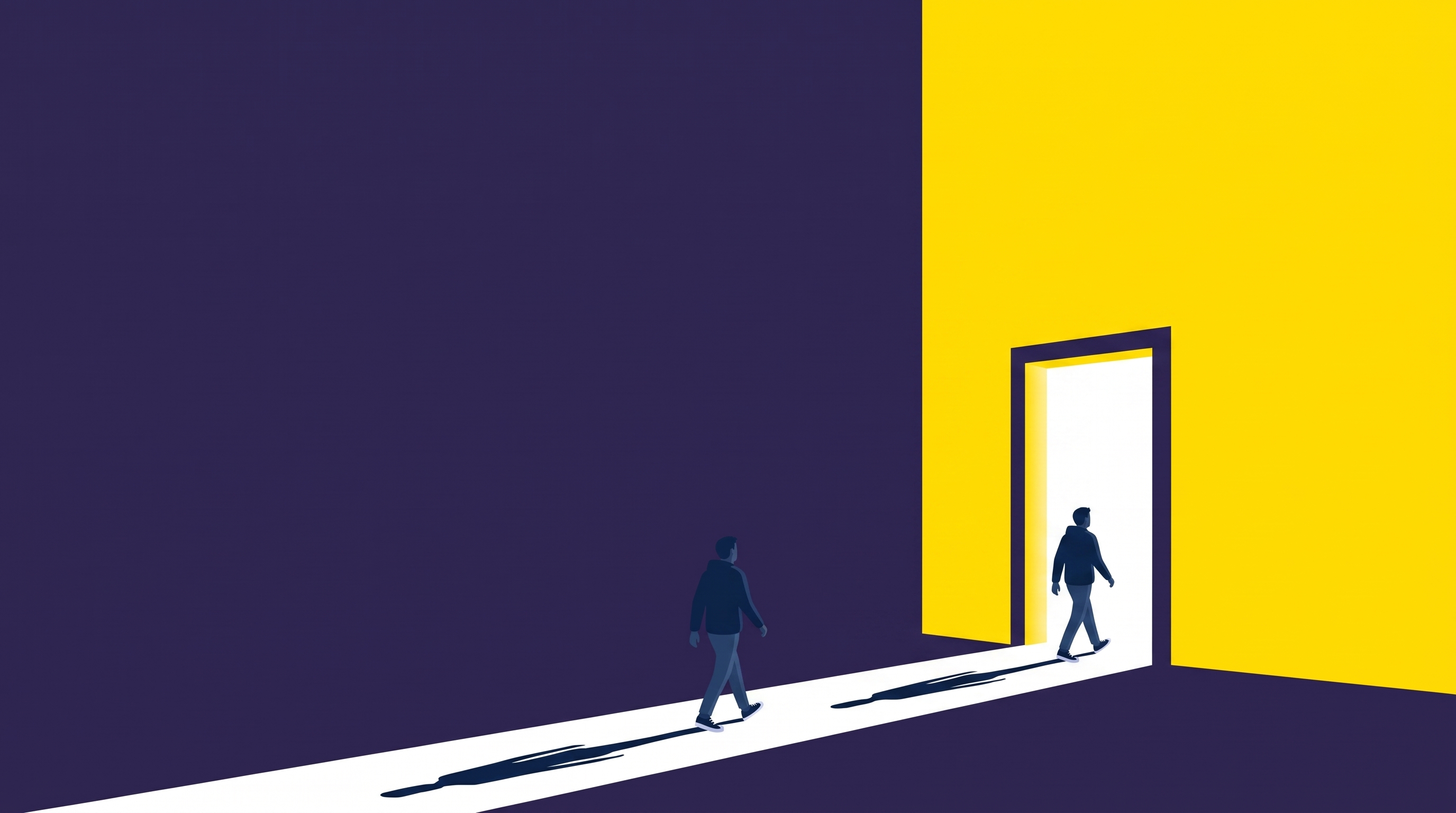 Two figures walking through a dark purple room toward a glowing yellow doorway
